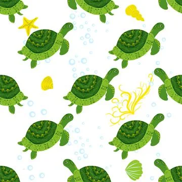 Turtle green seamless pattern, beautiful character among seashells, seaweed,  Stock Illustration
