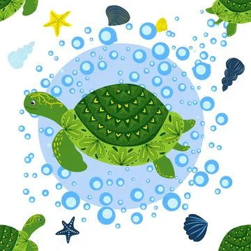 Turtle green seamless pattern, beautiful character among seashells, seaweed,  Illustrazione stock