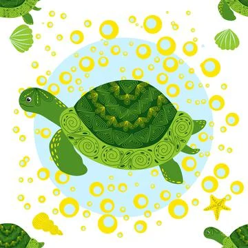 Turtle green seamless pattern, beautiful character among seashells, seaweed,  イラスト素材