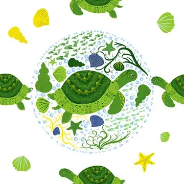 Turtle green seamless pattern, beautiful character among seashells, seaweed,  Stock Illustration
