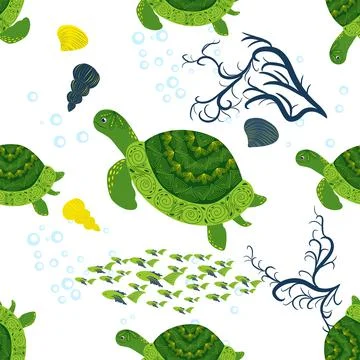 Turtle green seamless pattern, beautiful character among seashells, seaweed,  Stock Illustration