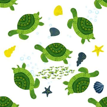 Turtle green seamless pattern, beautiful character among seashells, seaweed,  스톡 일러스트