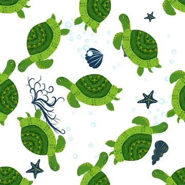 Turtle green seamless pattern, beautiful character among seashells, seaweed,  Stock Illustration