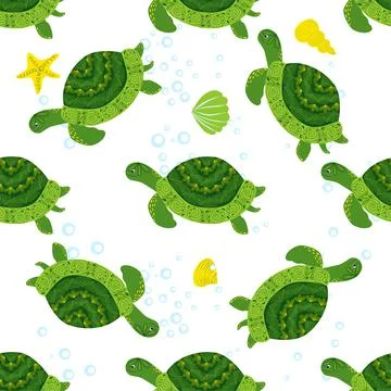 Turtle green seamless pattern, beautiful character among seashells, seaweed,  Stock Illustration