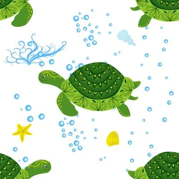 Turtle green seamless pattern, beautiful character among seashells, seaweed,  Illustrazione stock