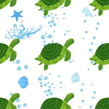 Turtle green seamless pattern, beautiful character among seashells, seaweed,  스톡 일러스트