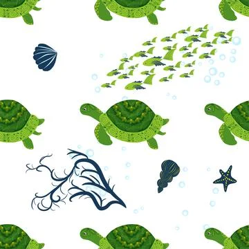 Turtle green seamless pattern, beautiful character among seashells, seaweed,  Stock Illustration