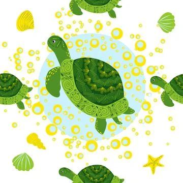 Turtle green seamless pattern, beautiful character among seashells, seaweed,  Illustrazione stock
