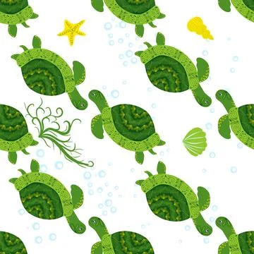 Turtle green seamless pattern, beautiful character among seashells, seaweed,  Illustrazione stock