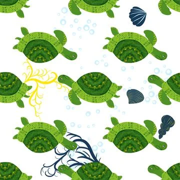 Turtle green seamless pattern, beautiful character among seashells, seaweed,  イラスト素材