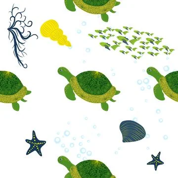 Turtle green seamless pattern, beautiful character among seashells, seaweed,  Stock Illustration