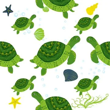 Turtle green seamless pattern, beautiful character among seashells, seaweed,  Stock Illustration