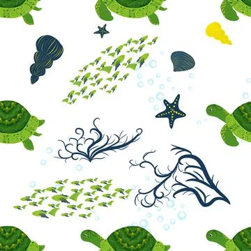 Turtle green seamless pattern, beautiful character among seashells, seaweed,  イラスト素材