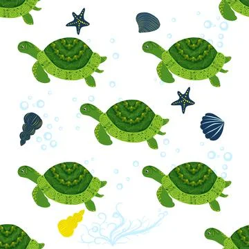 Turtle green seamless pattern, beautiful character among seashells, seaweed,  Stock Illustration