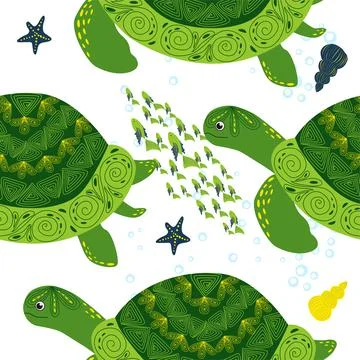 Turtle green seamless pattern, beautiful character among seashells, seaweed,  스톡 일러스트
