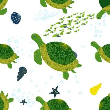 Turtle green seamless pattern, beautiful character among seashells, seaweed,  Illustrazione stock
