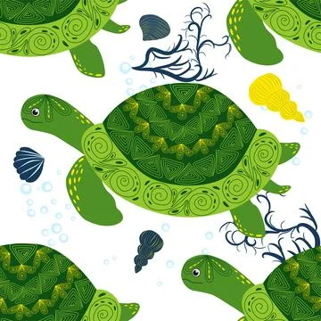 Turtle green seamless pattern, beautiful character among seashells, seaweed,  Stockillustratie