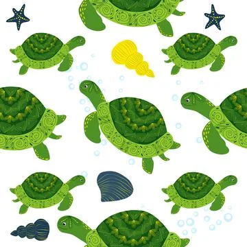 Turtle green seamless pattern, beautiful character among seashells, seaweed,  Stock Illustration