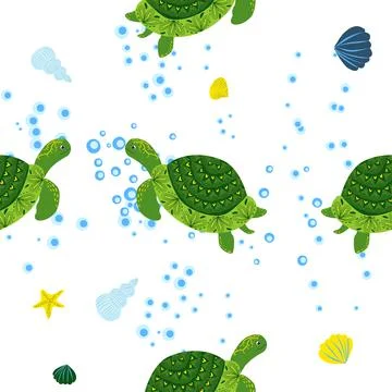 Turtle green seamless pattern, beautiful character among seashells, seaweed,  Stock Illustration