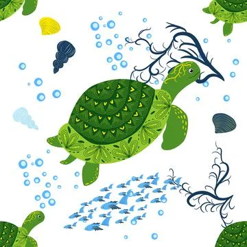 Turtle green seamless pattern, beautiful character among seashells, seaweed,  Illustrazione stock