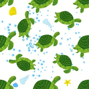 Turtle green seamless pattern, beautiful character among seashells, seaweed,  Stock Illustration