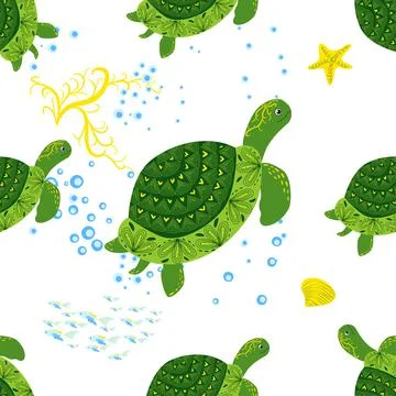 Turtle green seamless pattern, beautiful character among seashells, seaweed,  Stock Illustration