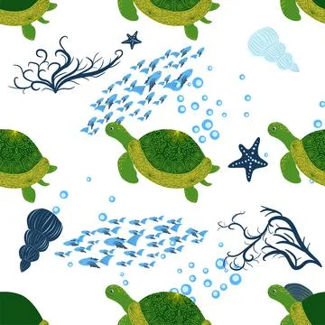 Turtle green seamless pattern, beautiful character among seashells, seaweed,  스톡 일러스트