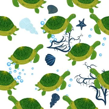 Turtle green seamless pattern, beautiful character among seashells, seaweed,  스톡 일러스트