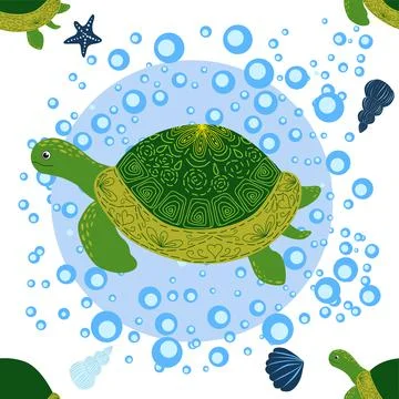 Turtle green seamless pattern, beautiful character among seashells, seaweed,  Illustrazione stock