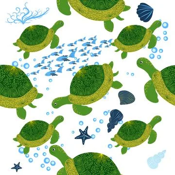Turtle green seamless pattern, beautiful character among seashells, seaweed,  Illustrazione stock