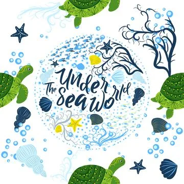 Turtle green seamless pattern, beautiful character among seashells, seaweed,  Stockillustratie