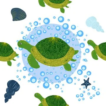Turtle green seamless pattern, beautiful character among seashells, seaweed,  Stock Illustration