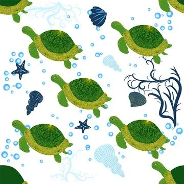 Turtle green seamless pattern, beautiful character among seashells, seaweed,  스톡 일러스트