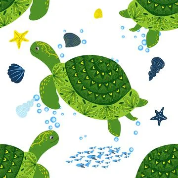 Turtle green seamless pattern, beautiful character among seashells, seaweed,  Stock Illustration