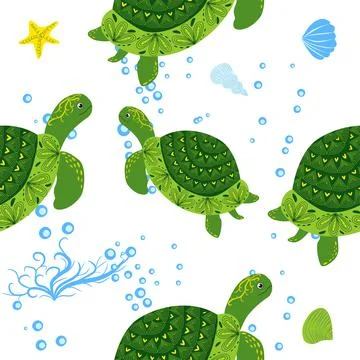 Turtle green seamless pattern, beautiful character among seashells, seaweed,  Stock Illustration