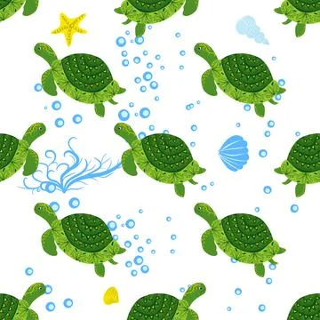 Turtle green seamless pattern, beautiful character among seashells, seaweed,  Illustrazione stock