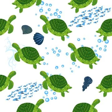 Turtle green seamless pattern, beautiful character among seashells, seaweed,  Stock Illustration