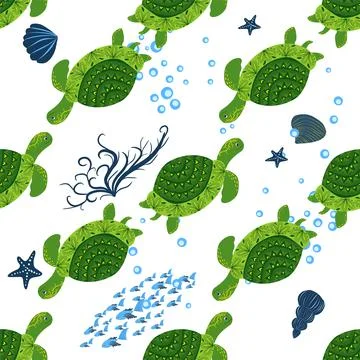 Turtle green seamless pattern, beautiful character among seashells, seaweed,  스톡 일러스트