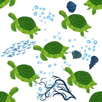 Turtle green seamless pattern, beautiful character among seashells, seaweed,  Illustrazione stock