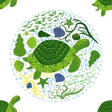 Turtle green seamless pattern, beautiful character among seashells, seaweed,  Stock Illustration