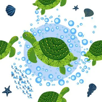 Turtle green seamless pattern, beautiful character among seashells, seaweed,  Stock Illustration