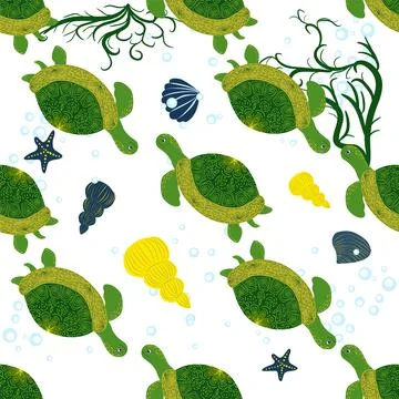 Turtle green seamless pattern, beautiful character among seashells, seaweed,  Stock Illustration
