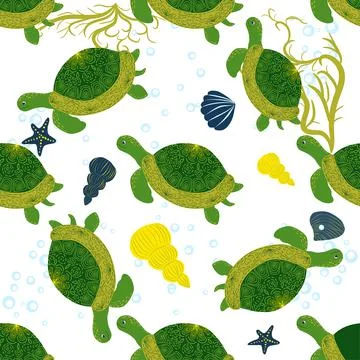 Turtle green seamless pattern, beautiful character among seashells, seaweed,  Stockillustratie