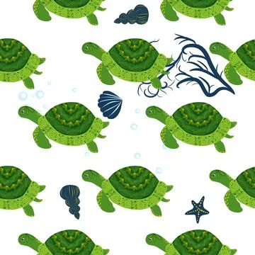 Turtle green seamless pattern, beautiful character among seashells, seaweed,  Stock Illustration
