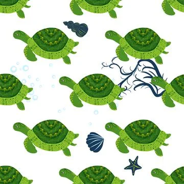 Turtle green seamless pattern, beautiful character among seashells, seaweed,  Illustrazione stock