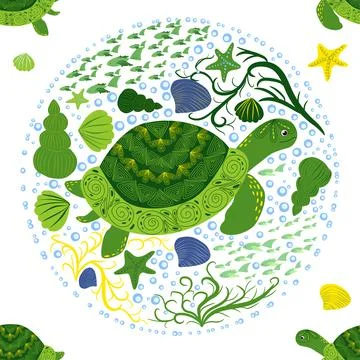 Turtle green seamless pattern, beautiful character among seashells, seaweed,  Stock Illustration