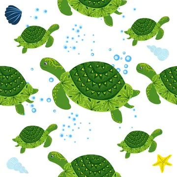 Turtle green seamless pattern, beautiful character among seashells, seaweed,  Stockillustratie