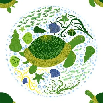 Turtle green seamless pattern, beautiful character among seashells, seaweed,  Stock Illustration