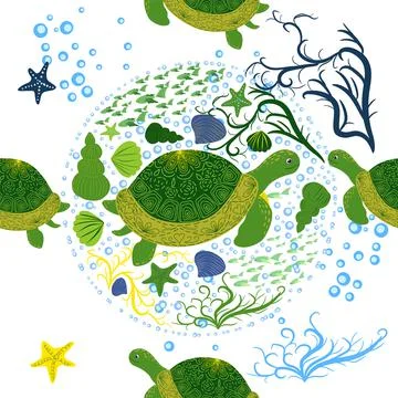 Turtle green seamless pattern, beautiful character among seashells, seaweed,  Stock Illustration