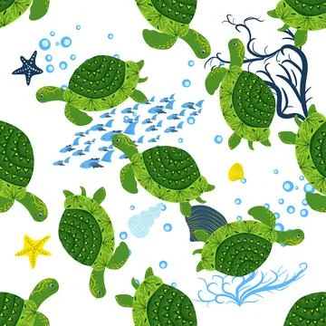 Turtle green seamless pattern, beautiful character among seashells, seaweed,  イラスト素材